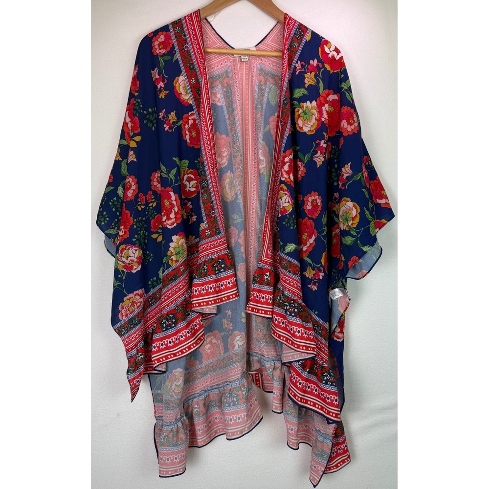 Umgee Floral Print Blue Red Kimono Open Front Bell Sleeve‎ Ruffle Detail Sz S/M